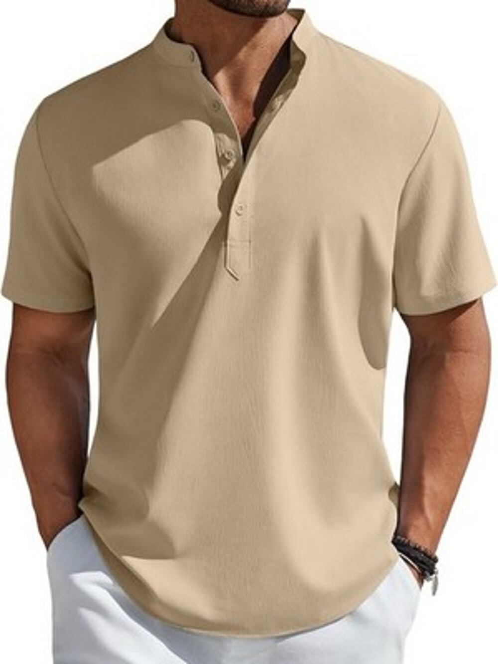 COOFANDY Men's Linen Henley Short Sleeve Beach Hippie T Shirts Khaki Size Small